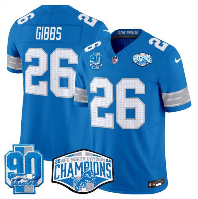Men%27s Detroit Lions #26 Jahmyr Gibbs Blue 2024 NFC North Champions 90th Anniversary Patch F.U.S.E. Vapor Limited Stitched Jersey